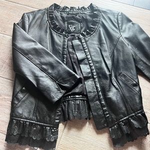 Real Genuine Leather Ruffle Lace Moto Crop Jacket Coat Outwear XXS, like NEW